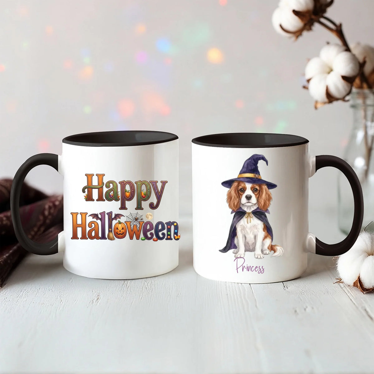 Black handle Halloween mugs: Happy Halloween design and personalized witch dog mug, styled with cotton stems