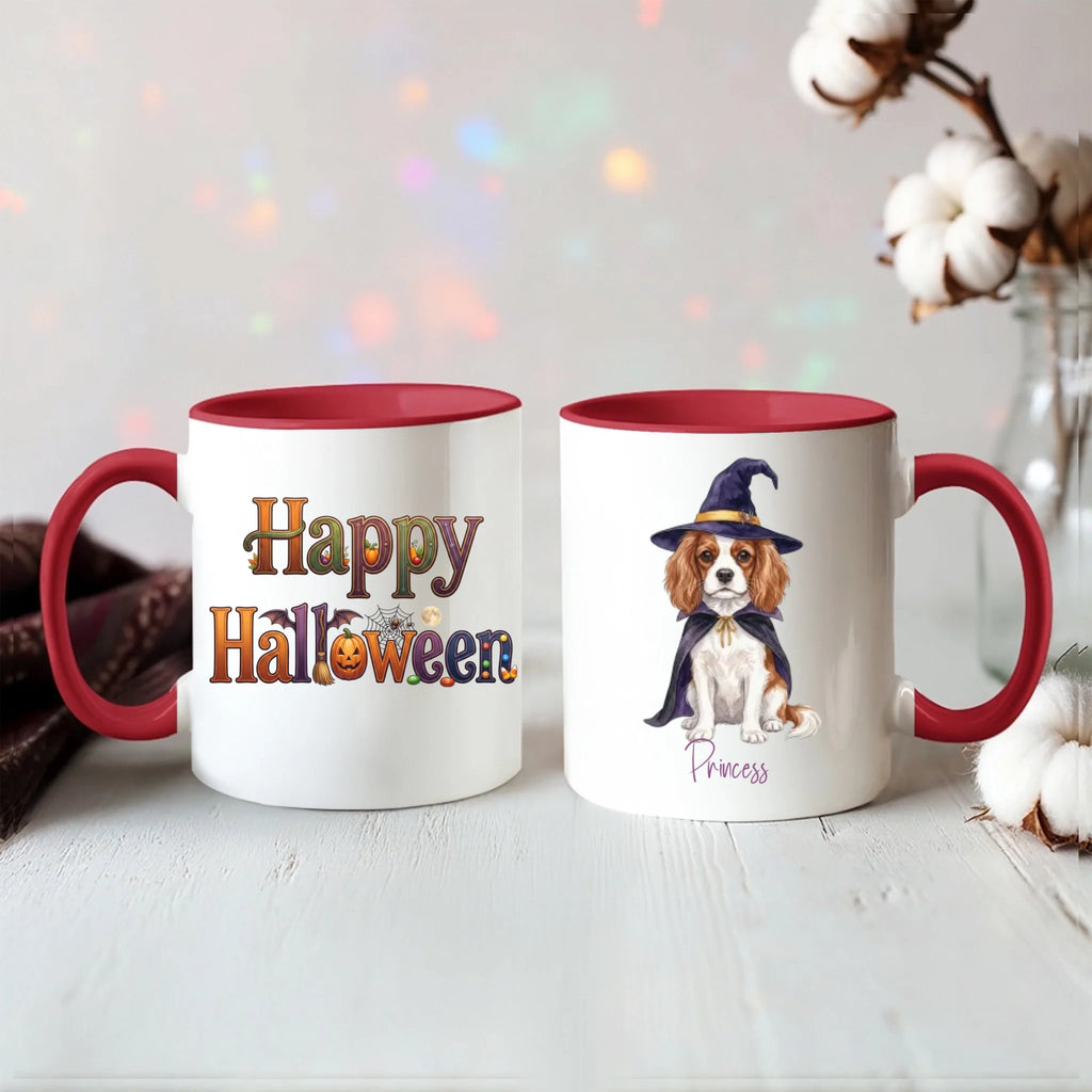 Red handle Halloween mugs: Happy Halloween design and personalized witch dog mug, styled with cotton stems