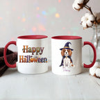 Red handle Halloween mugs: Happy Halloween design and personalized witch dog mug, styled with cotton stems