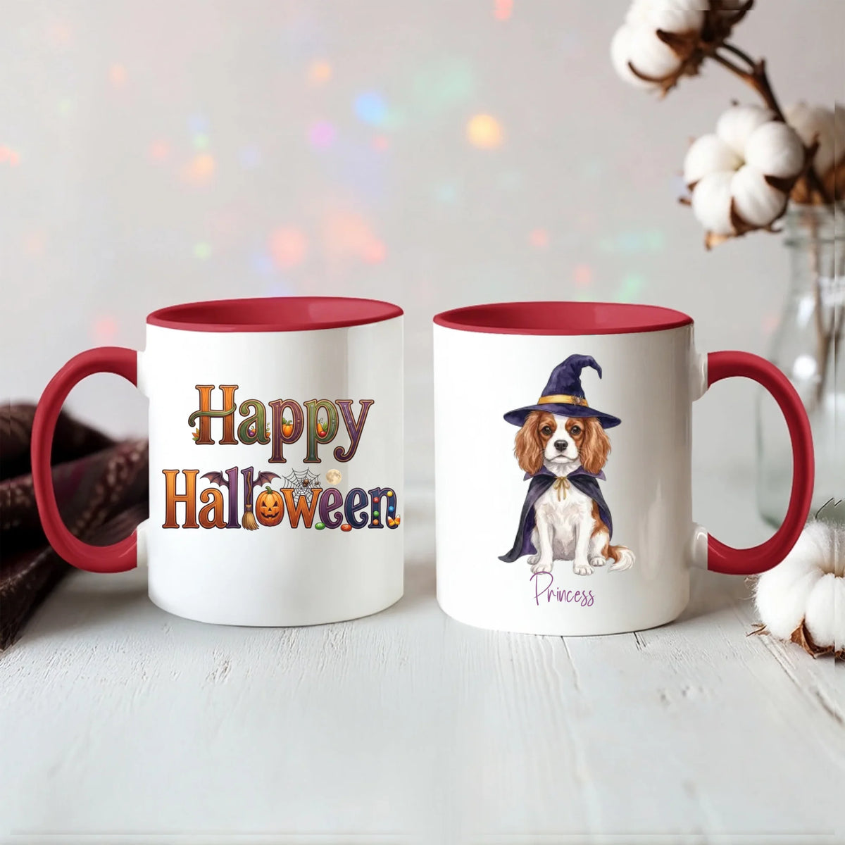 Red handle Halloween mugs: Happy Halloween design and personalized witch dog mug, styled with cotton stems