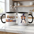 Black handle Halloween mugs: Happy Halloween design and personalized witch dog mug, on a marble kitchen counter