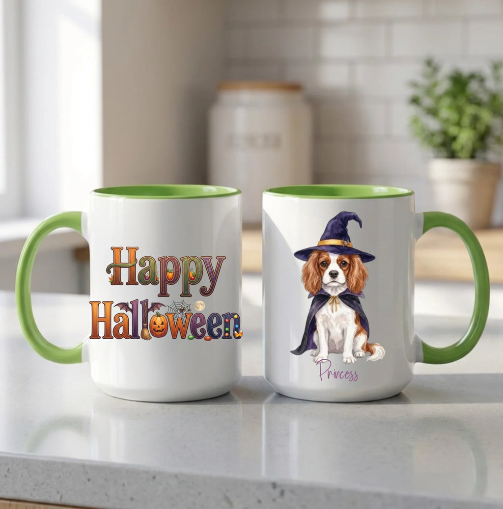 Light green handle Halloween mugs: Happy Halloween design and personalized witch dog mug, on a kitchen counter