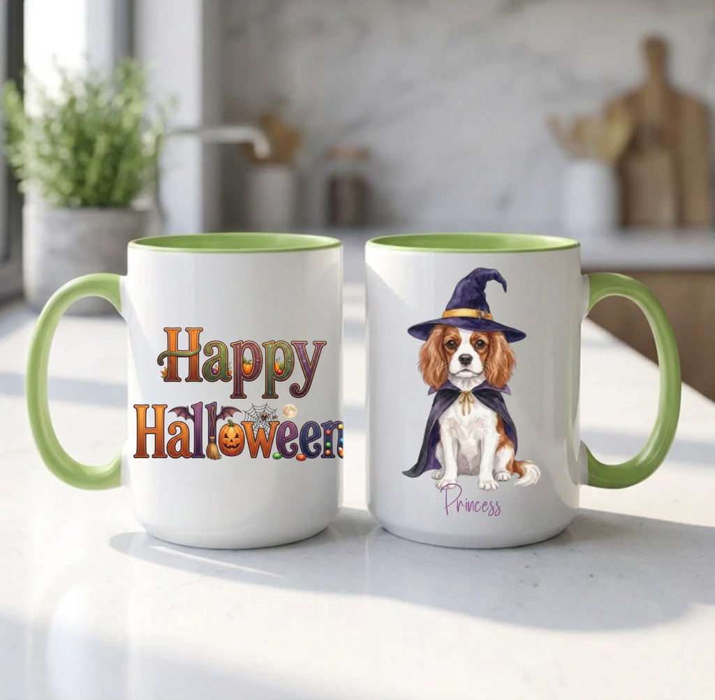 Light green handle Halloween mugs: Happy Halloween design and personalized witch dog mug, on a sunny kitchen counter