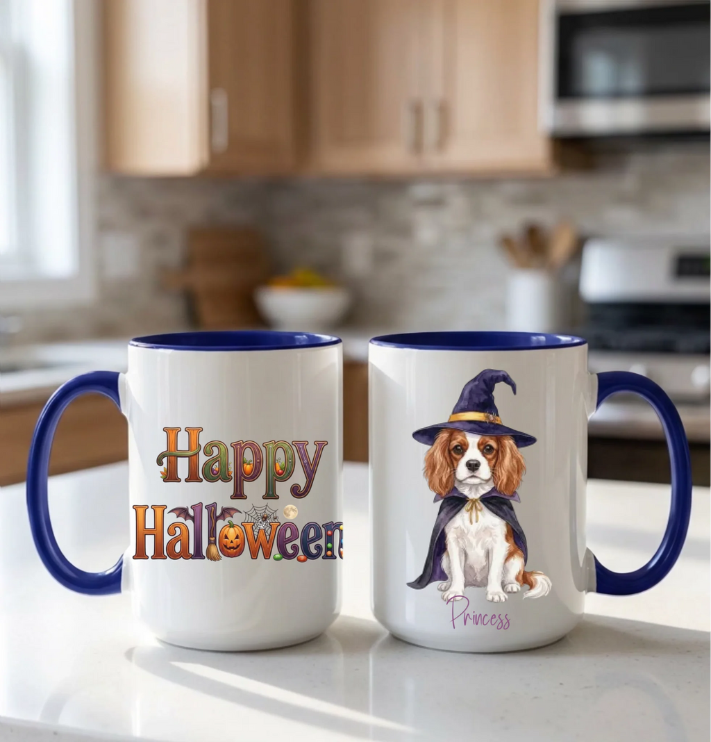 Midnight blue handle Halloween mugs: Happy Halloween design and personalized witch dog mug, on a kitchen counter