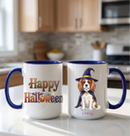Midnight blue handle Halloween mugs: Happy Halloween design and personalized witch dog mug, on a kitchen counter