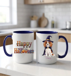 Midnight blue handle Halloween mugs: Happy Halloween design and personalized witch dog mug, on a white kitchen counter