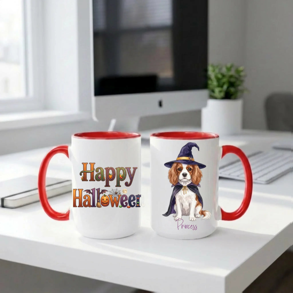Red handle Halloween mugs: Happy Halloween design and personalized witch dog mug, on a home office desk