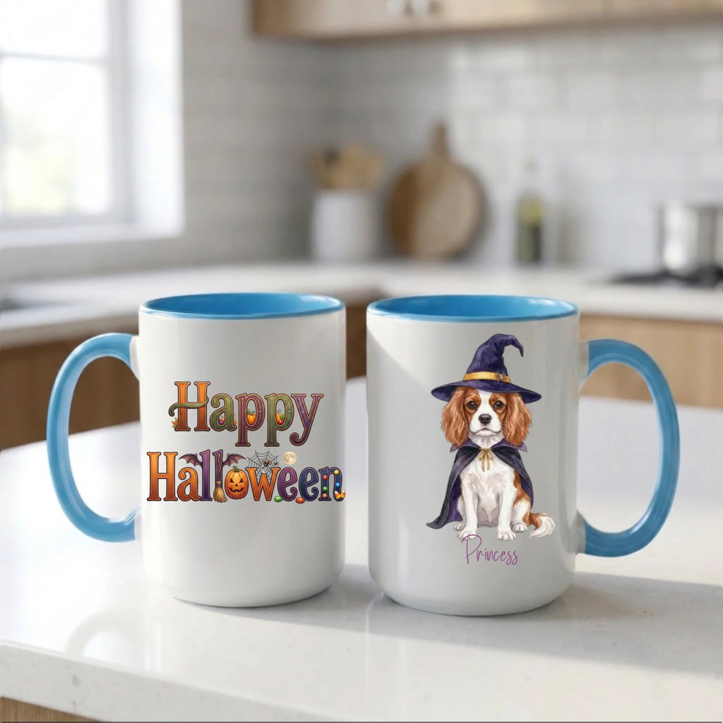 Light blue handle Halloween mugs: Happy Halloween design and personalized witch dog mug, on a white kitchen counter