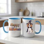 Light blue handle Halloween mugs: Happy Halloween design and personalized witch dog mug, on a white kitchen counter