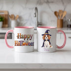 Pink handle Halloween mugs: Happy Halloween design and personalized witch dog mug, on a marble counter