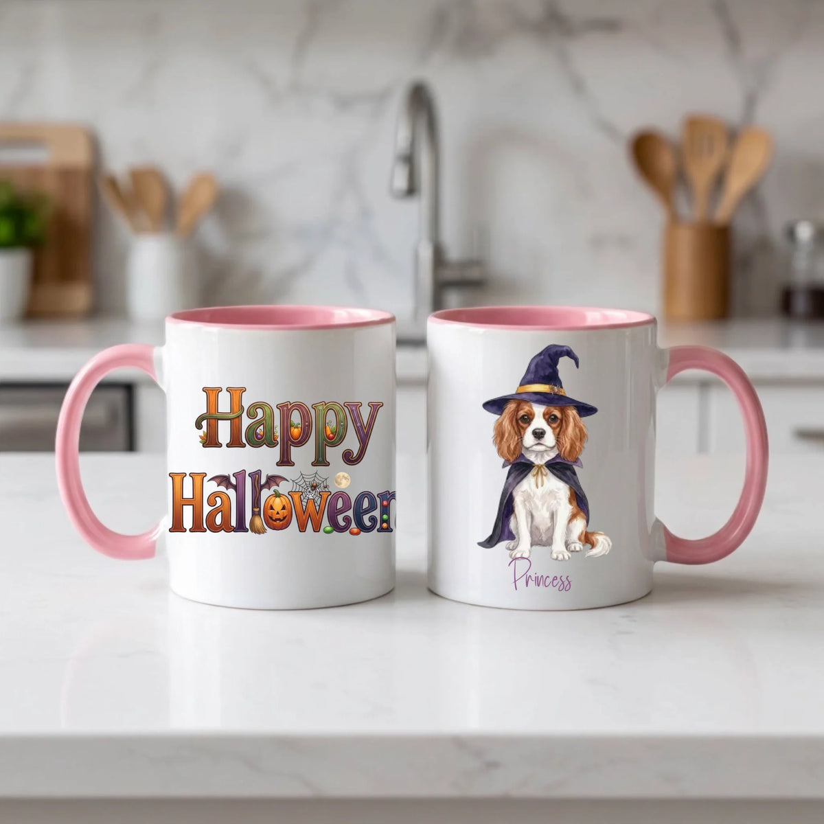 Pink handle Halloween mugs: Happy Halloween design and personalized witch dog mug, on a marble counter