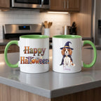Light green handle Halloween mugs: Happy Halloween design and personalized witch dog mug, on a modern kitchen counter
