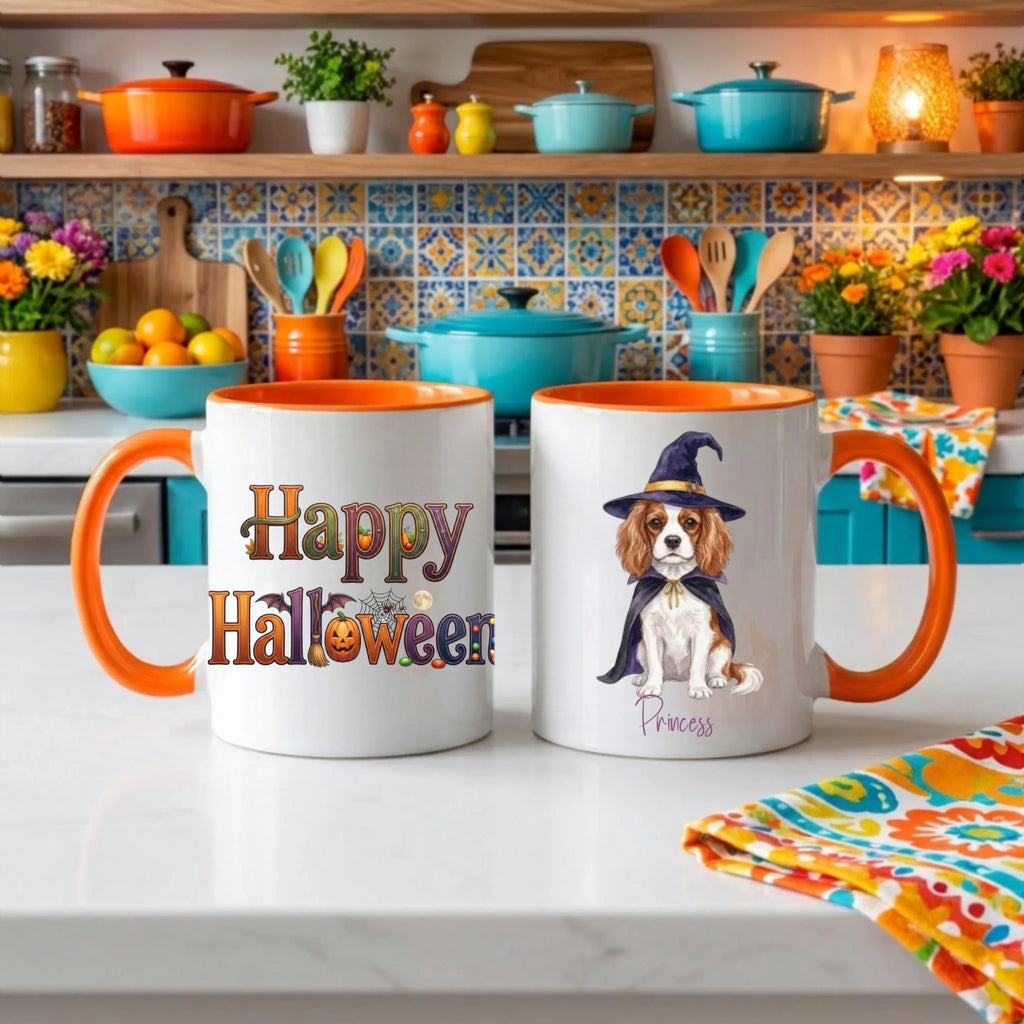 Orange handle Halloween mugs: Happy Halloween design and personalized witch dog mug, in a colorful kitchen
