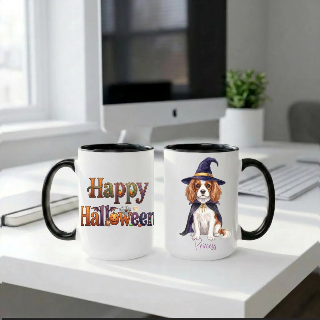 Black handle Halloween mugs: Happy Halloween design and personalized witch dog mug, on a home office desk