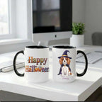 Black handle Halloween mugs: Happy Halloween design and personalized witch dog mug, on a home office desk