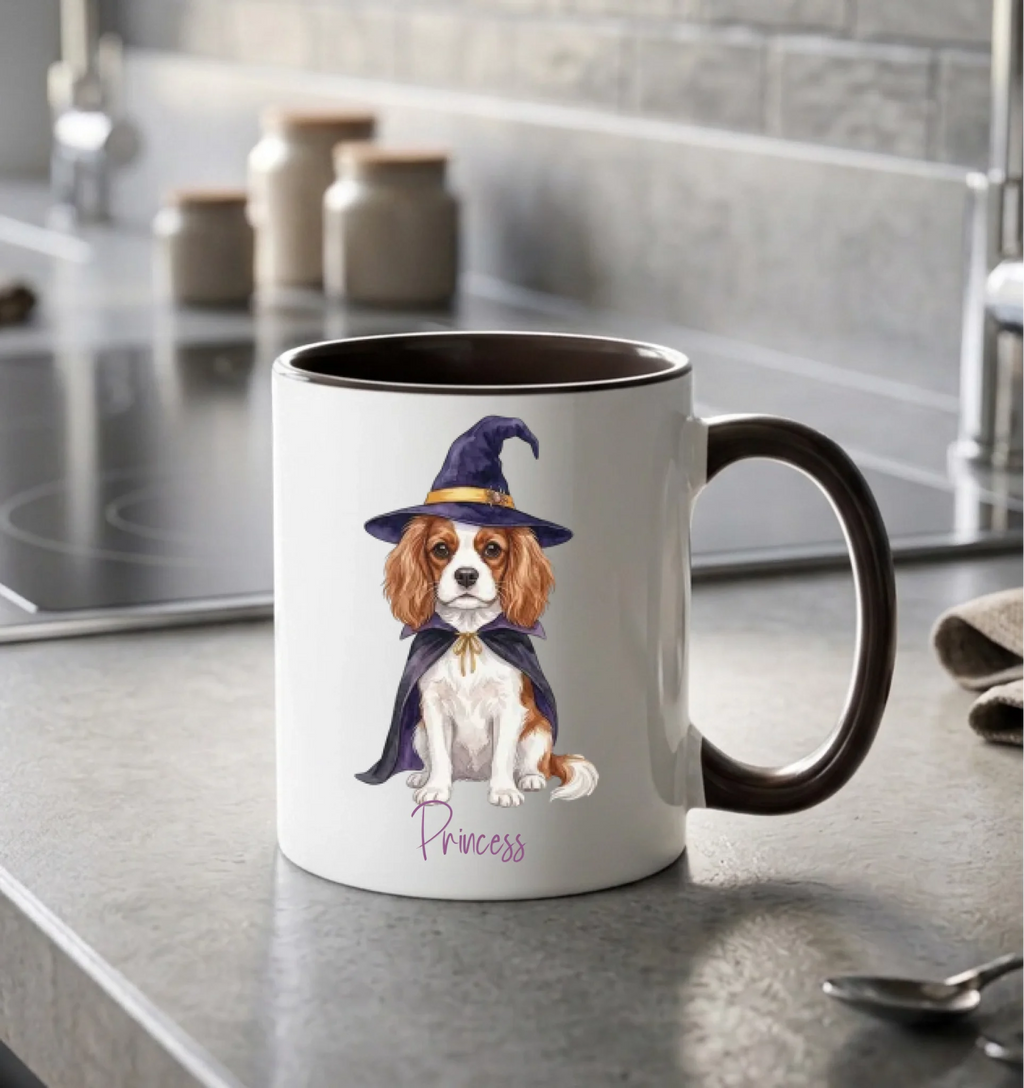 Personalized witch dog Halloween coffee mug with black handle on a kitchen counter
