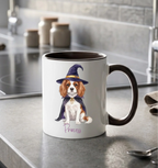 Personalized witch dog Halloween coffee mug with black handle on a kitchen counter