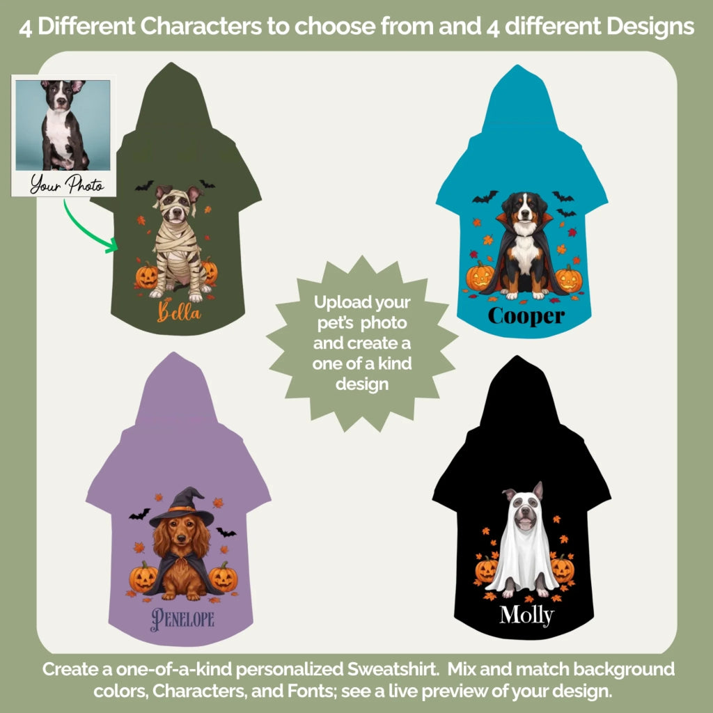 Choose from 4 Halloween characters and 4 hoodie colors for your custom pet hoodie