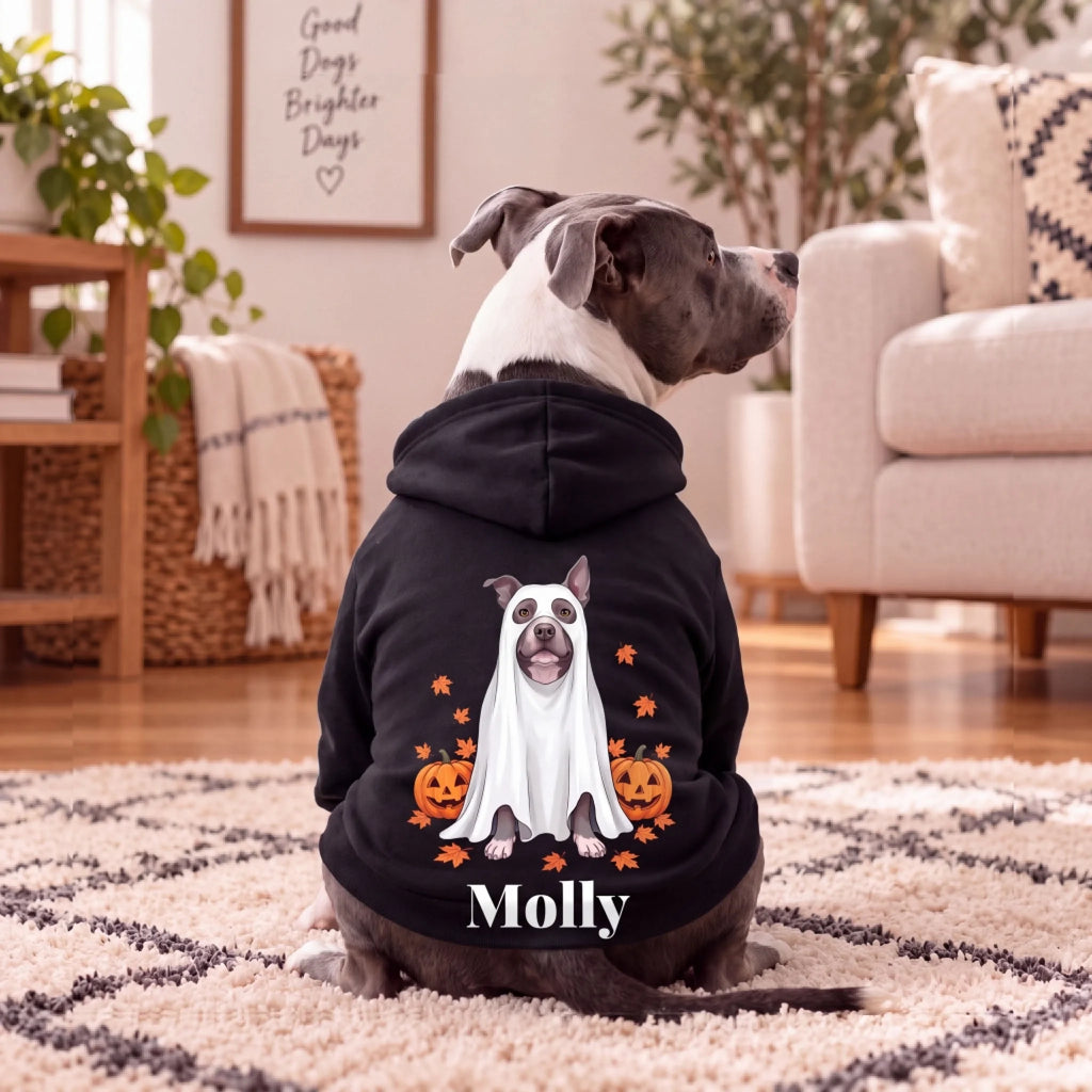 Personalized ghost dog hoodie with pet's name, worn by a pit bull