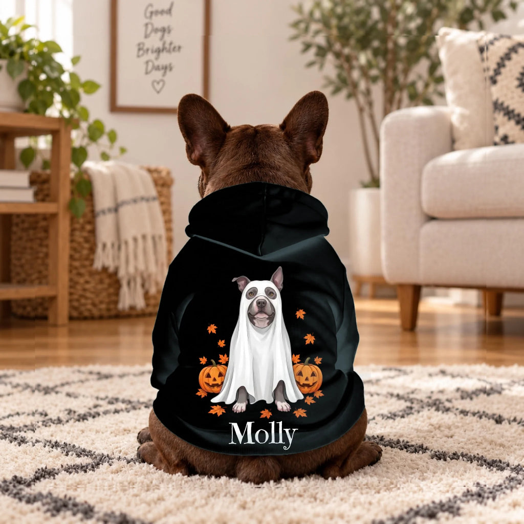 Custom ghost dog portrait hoodie with name, shown from the back