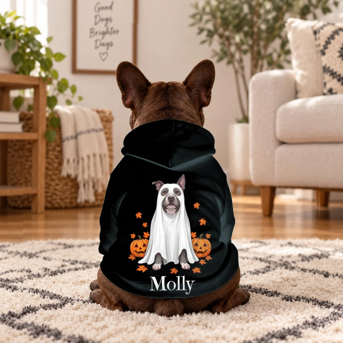 Custom ghost dog portrait hoodie with name, shown from the back