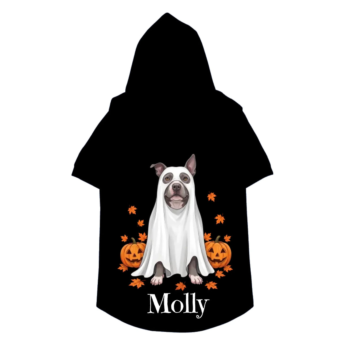 Black personalized pet hoodie with ghost dog portrait and name
