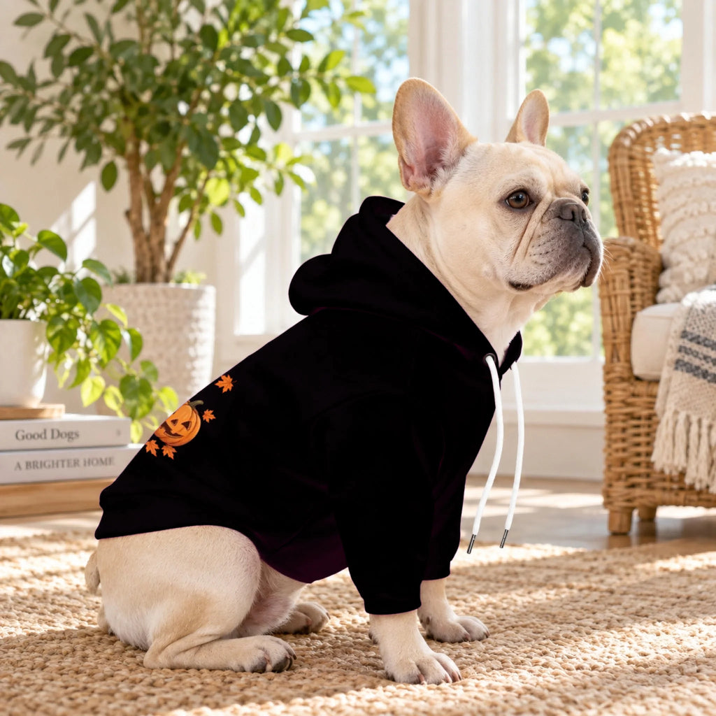 French bulldog wearing a black personalized Halloween pet hoodie