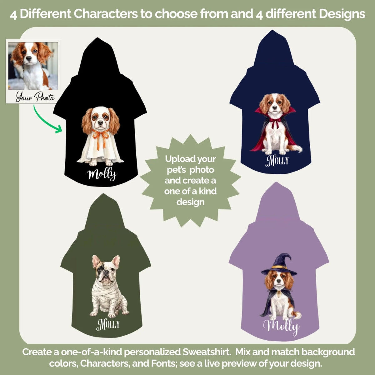 Choose from 4 watercolor Halloween characters and hoodie colors for your custom pet hoodie