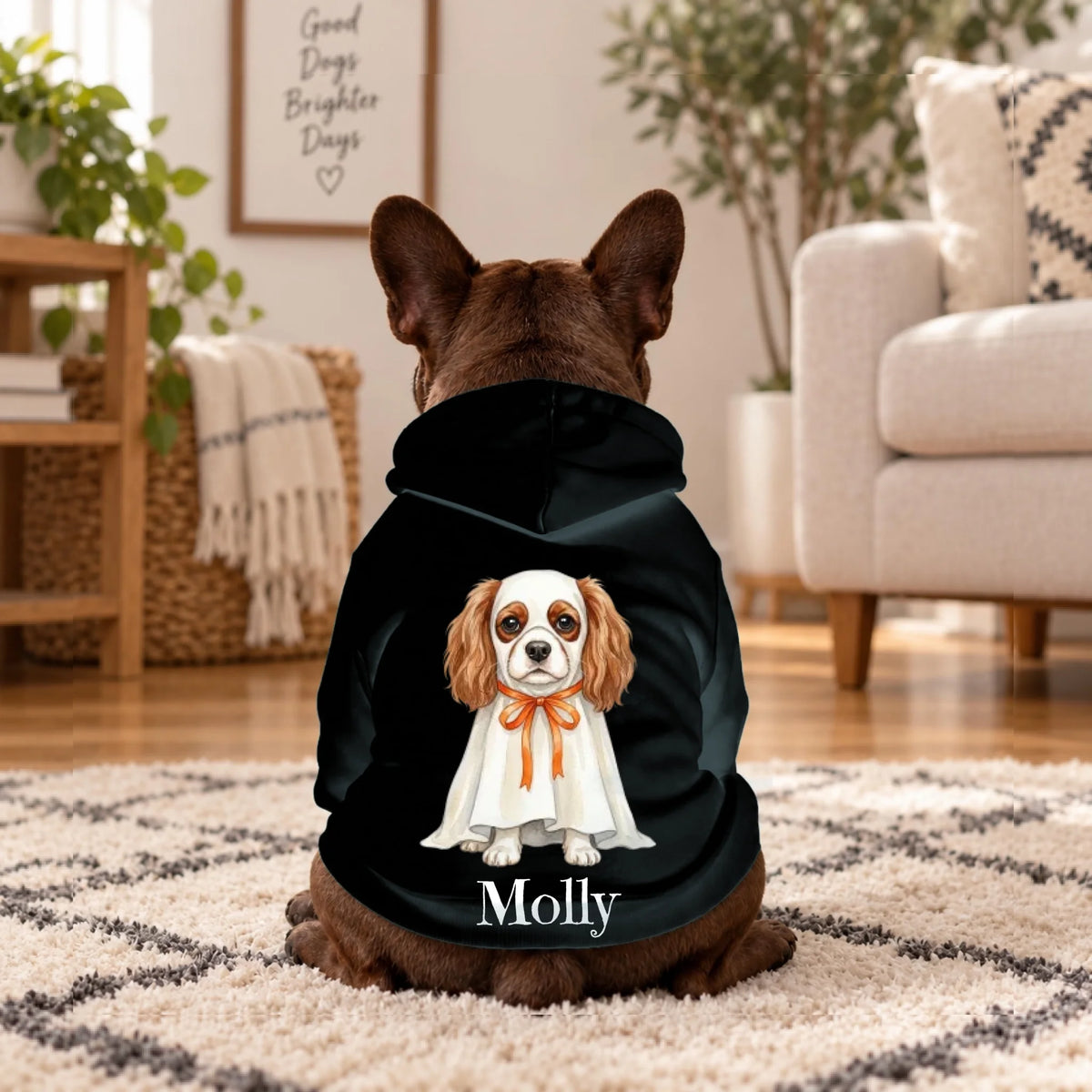 Watercolor Cavalier ghost portrait hoodie with name, shown from the back