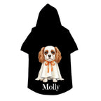Black personalized pet hoodie with watercolor ghost dog portrait and name