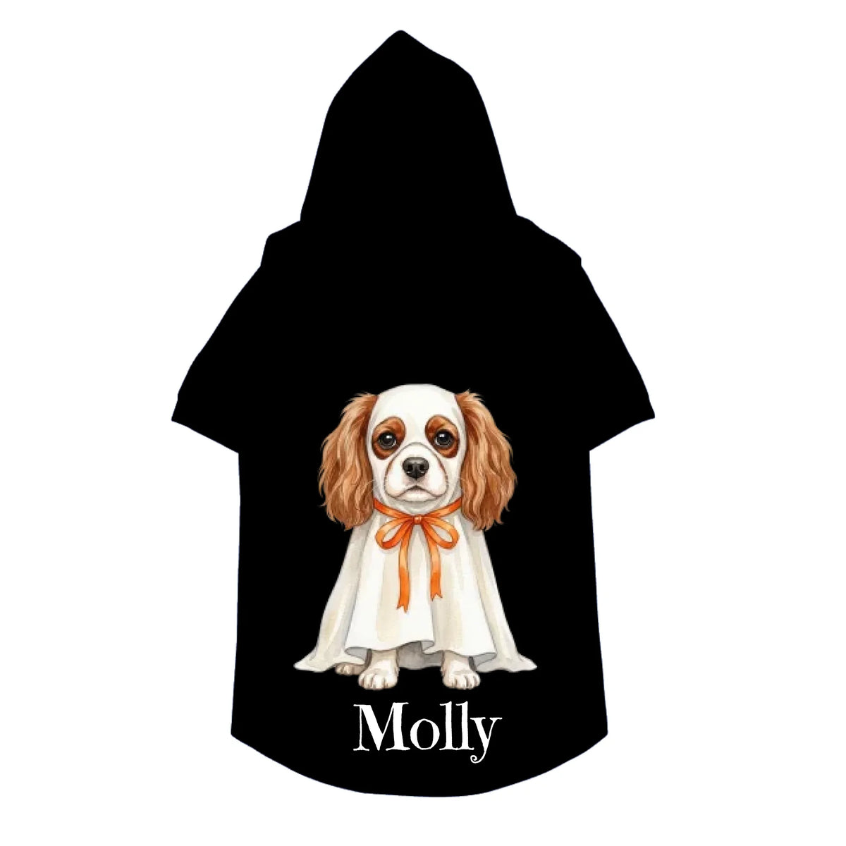 Black personalized pet hoodie with watercolor ghost dog portrait and name