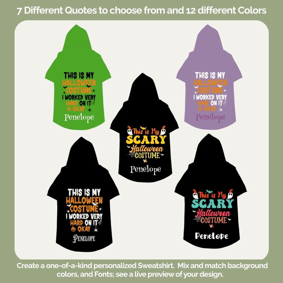 Funny Halloween quote pet hoodies in multiple colors with custom dog name
