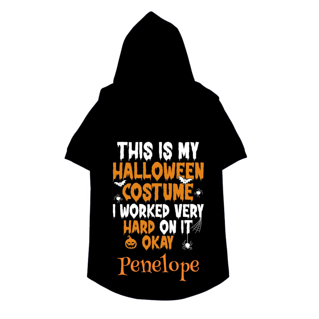Black personalized pet hoodie with funny Halloween costume quote and name