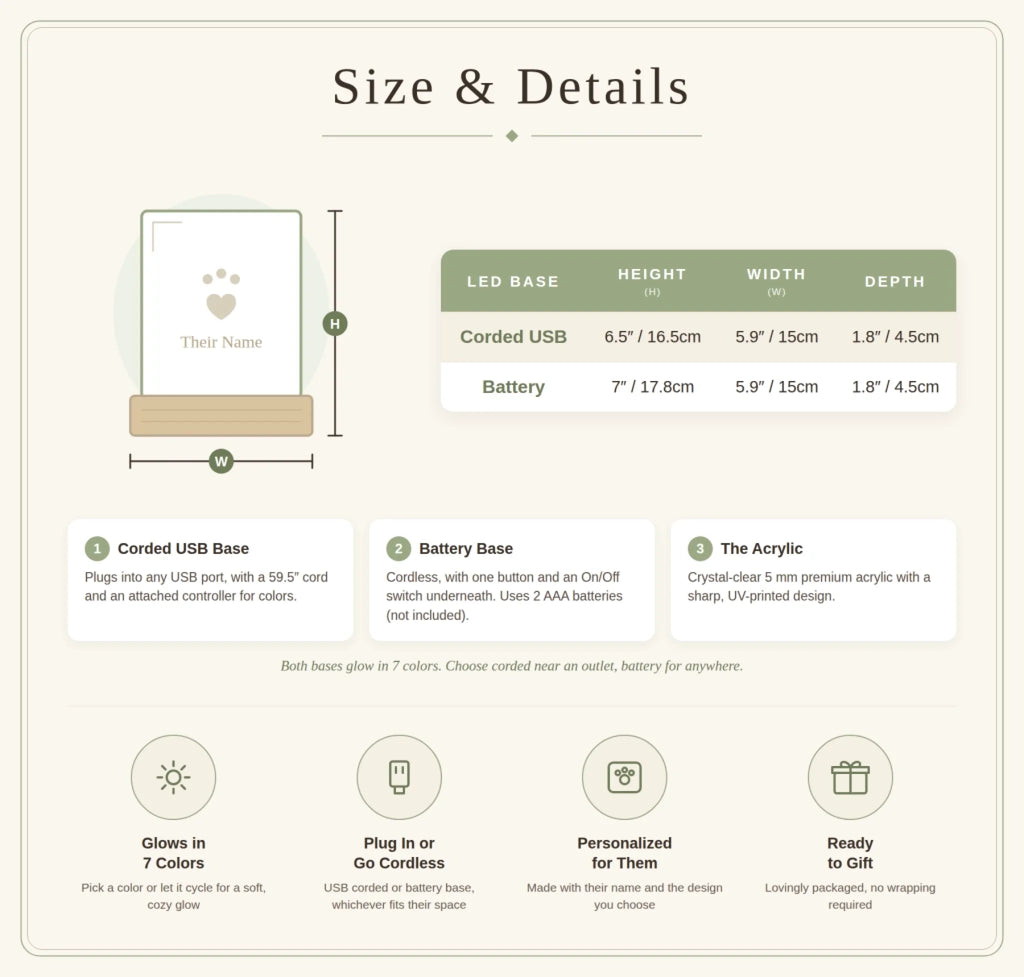 Acrylic plaque size chart with corded and battery LED base dimensions