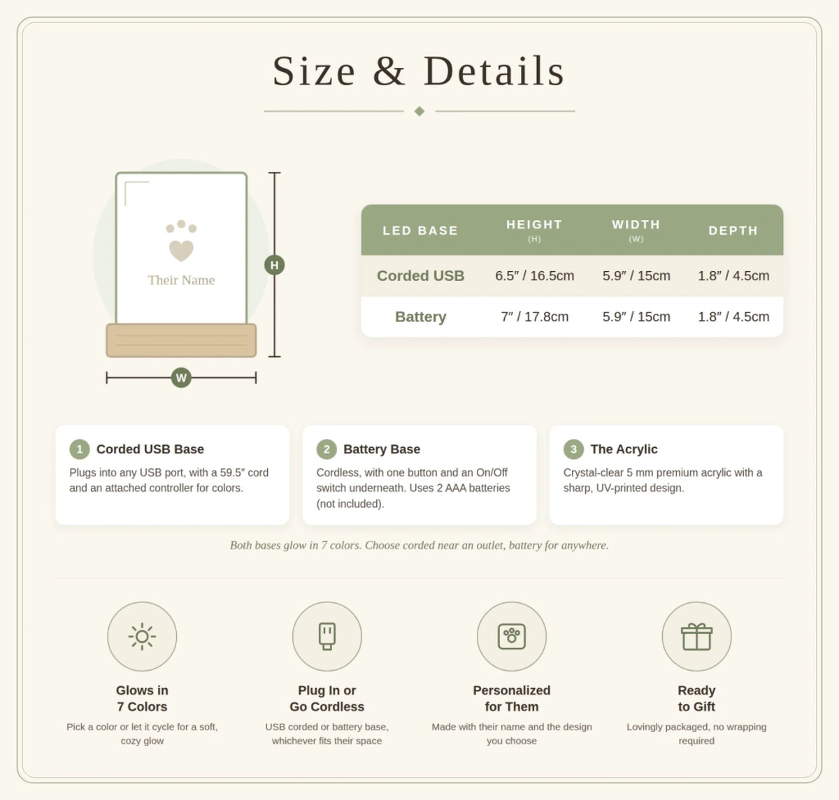 Acrylic plaque size chart with corded and battery LED base dimensions