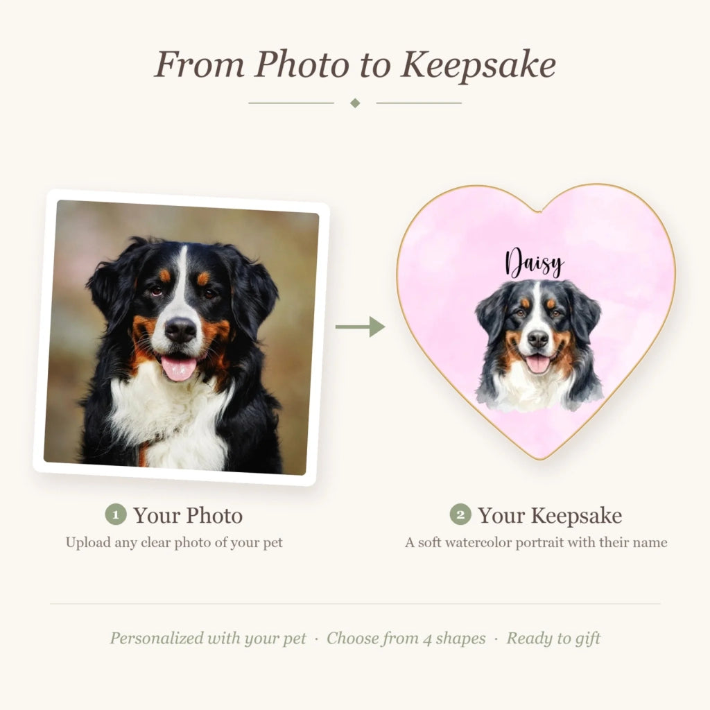 Before and after: pet photo turned into a watercolor portrait ring dish