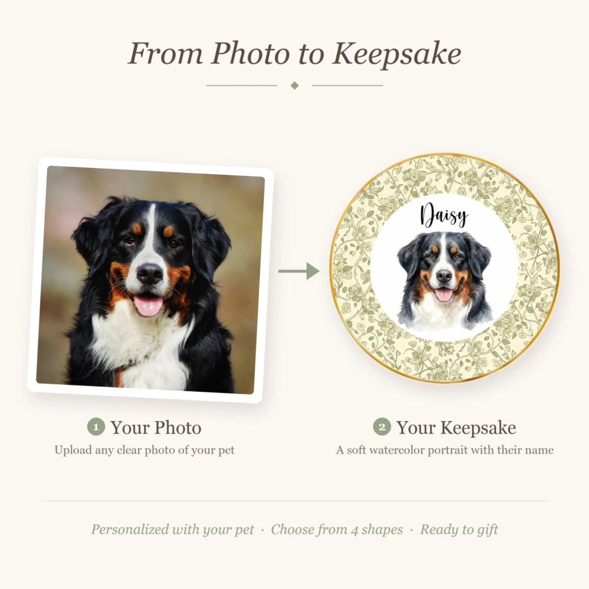 Before and after: pet photo turned into a watercolor portrait ring dish