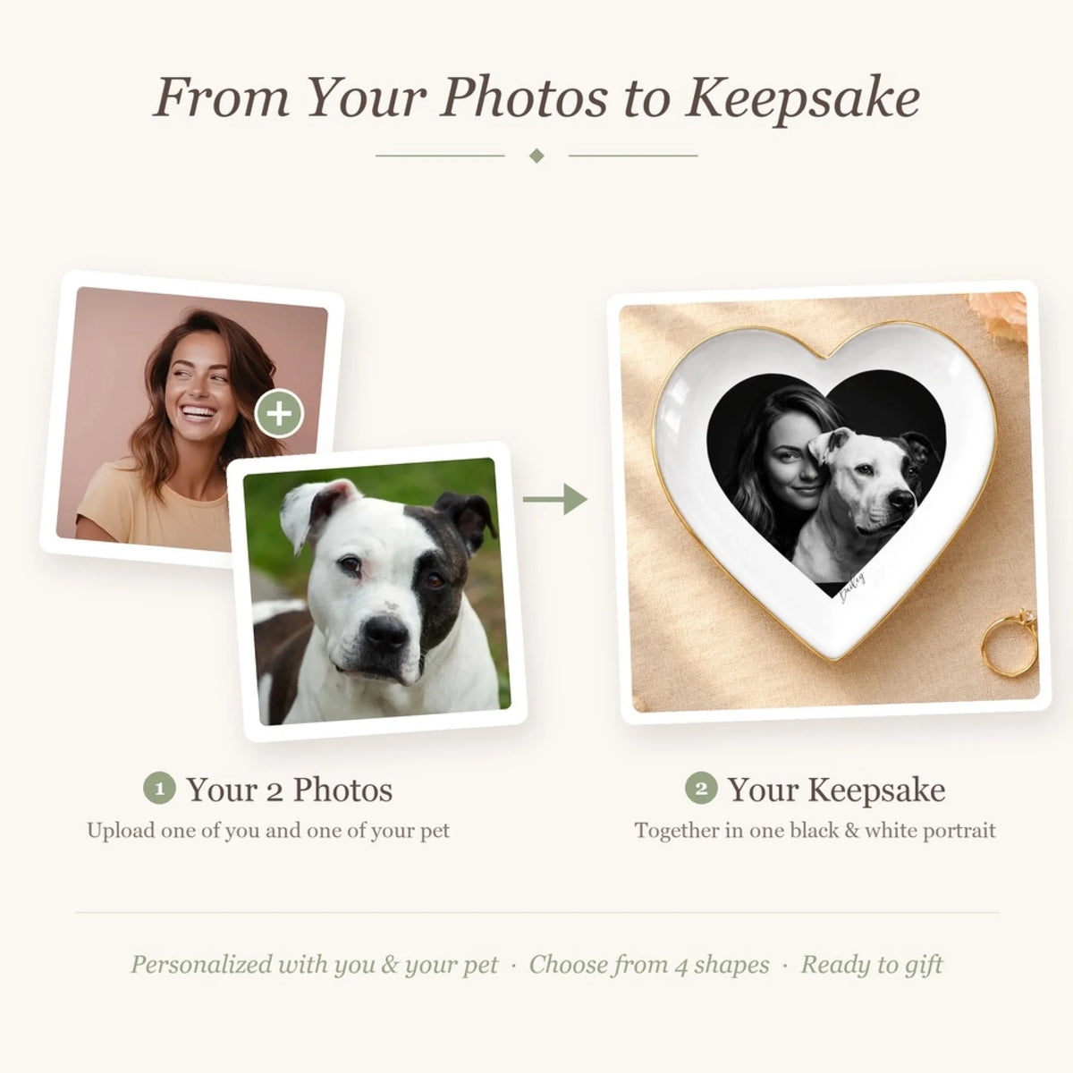Before and after: your photo with your pet turned into a black and white studio portrait ring dish