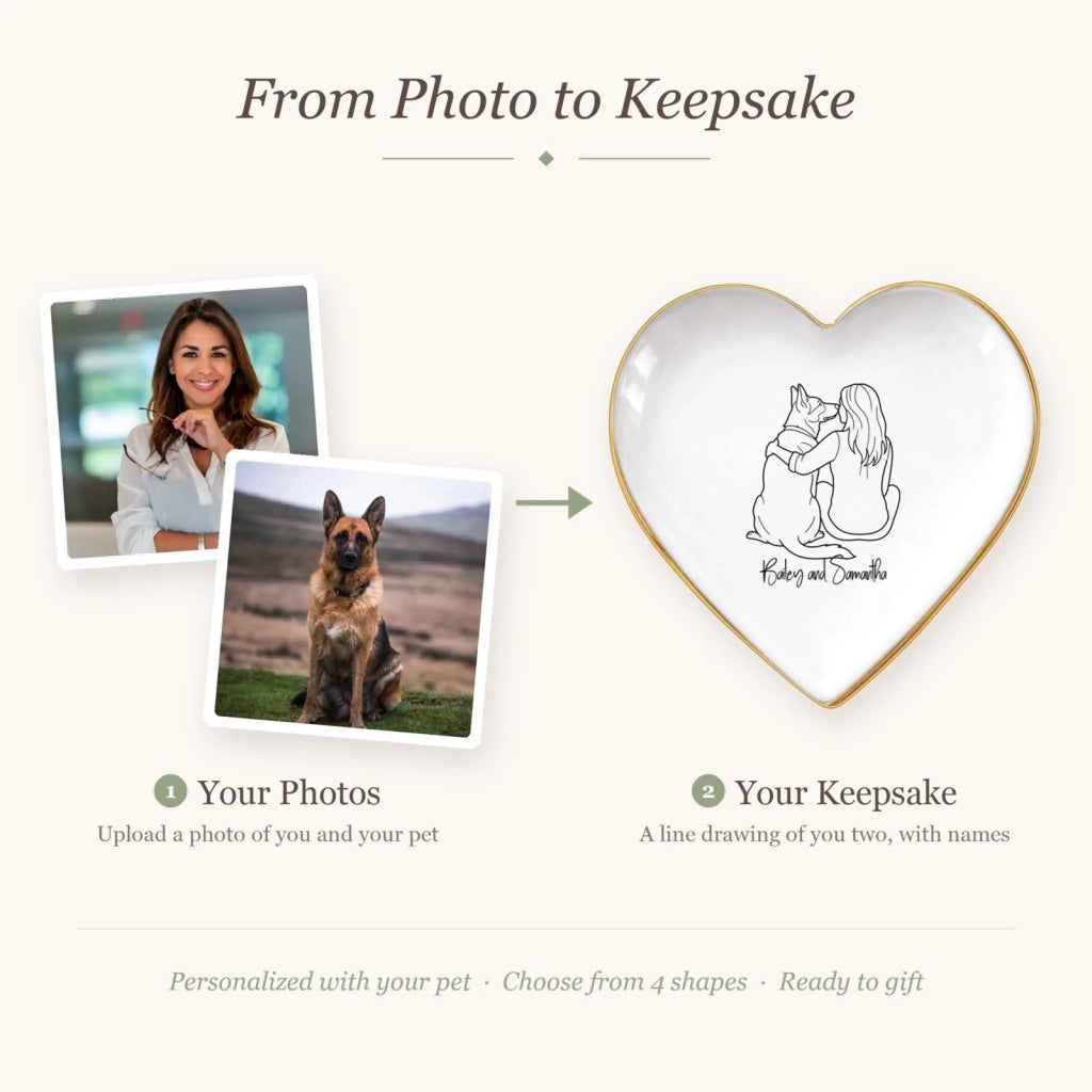 Before and after: photos of a woman and her dog turned into a line drawing ring dish
