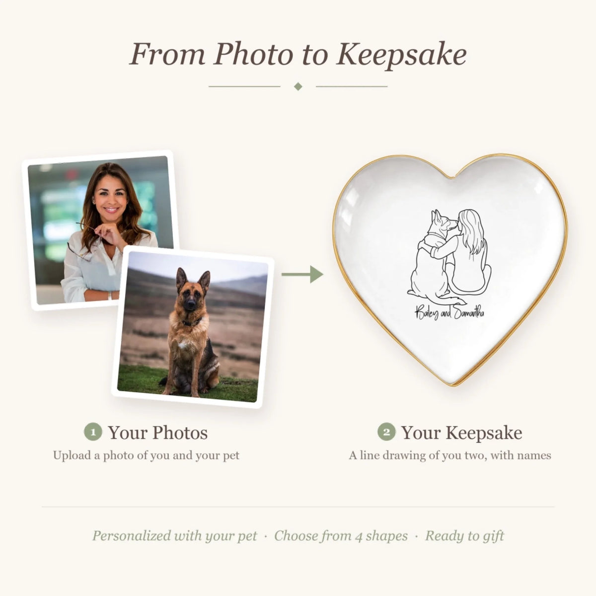 Before and after: photos of a woman and her dog turned into a line drawing ring dish