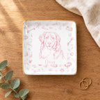 Vintage sketch pet portrait square ring dish on a wooden table with linen and eucalyptus