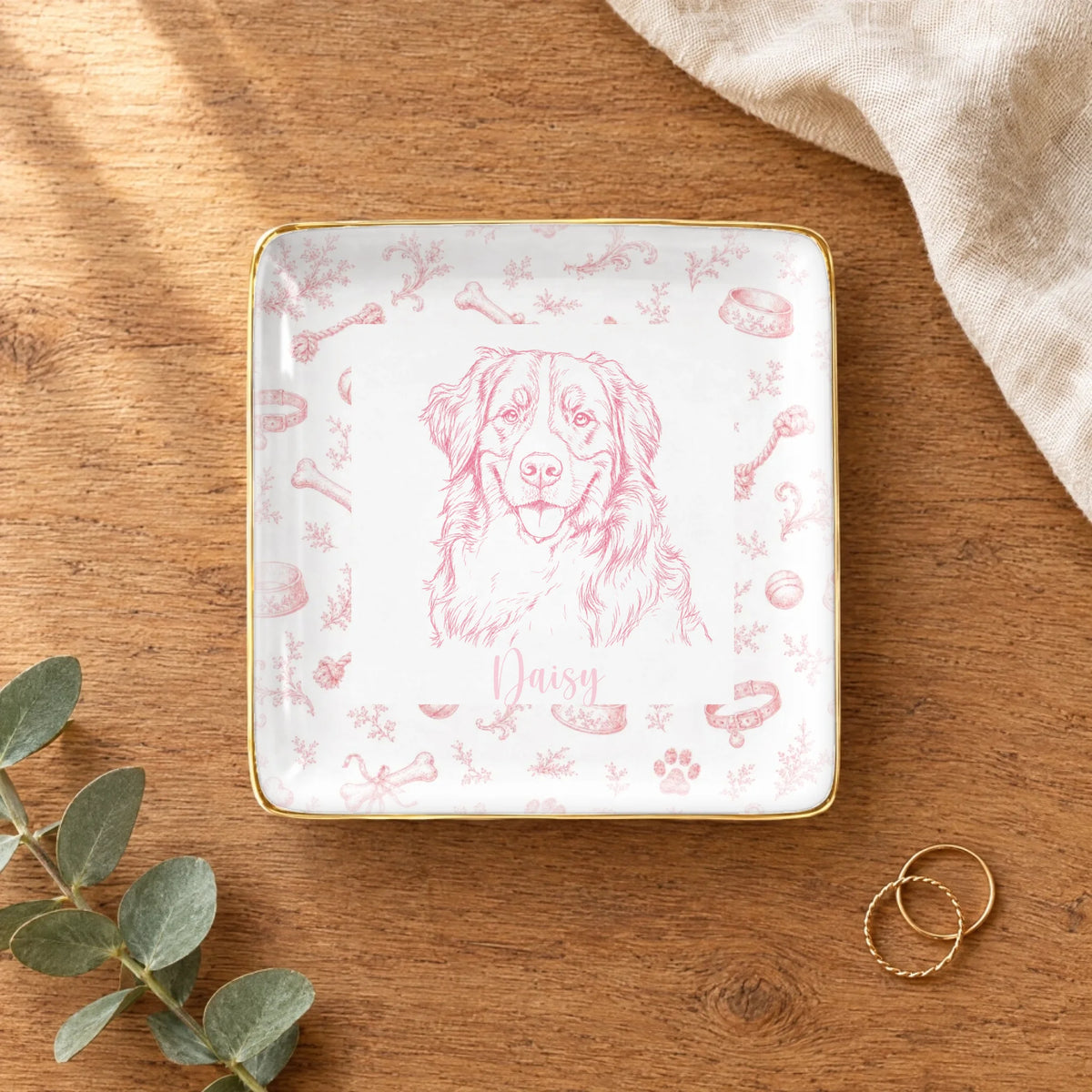 Vintage sketch pet portrait square ring dish on a wooden table with linen and eucalyptus