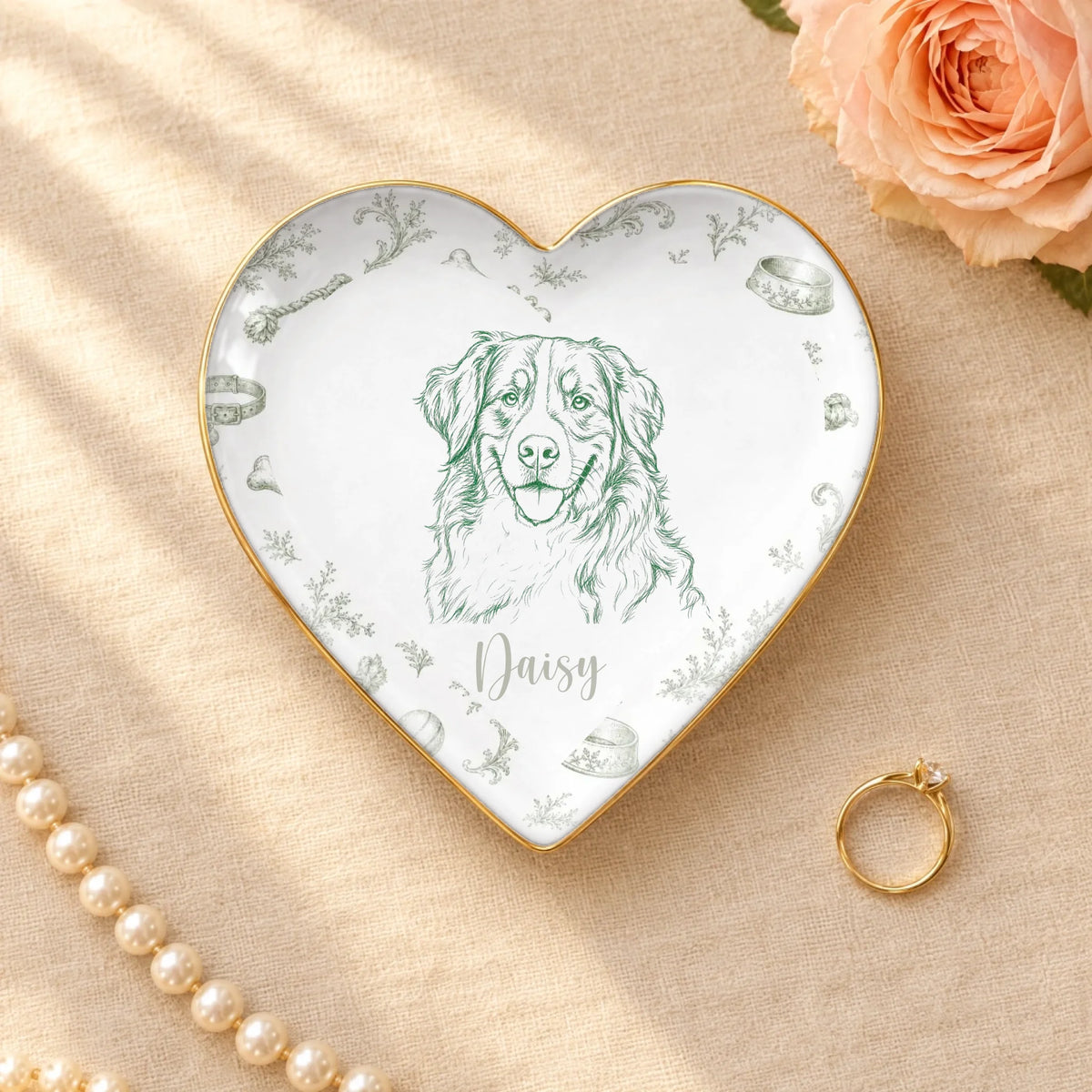 Personalized vintage sketch pet portrait heart ceramic ring dish with gold rim