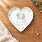 Vintage sketch pet portrait heart ring dish on a wooden table with linen and eucalyptus