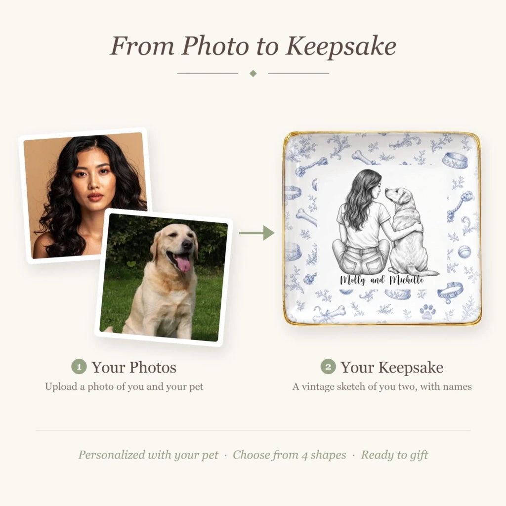 Before and after: photos of you and your dog turned into a vintage sketch ring dish with both names