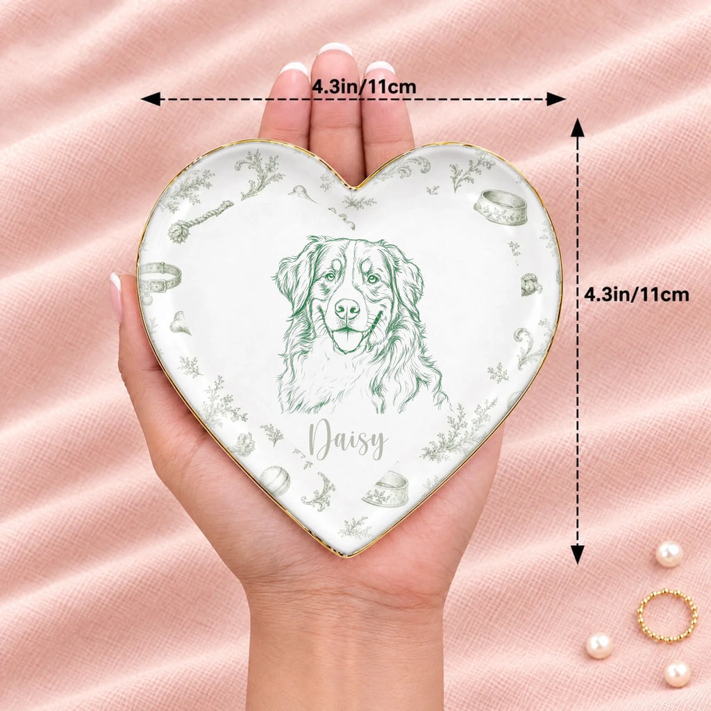 Hand holding a vintage sketch pet portrait heart ring dish, 4.3 inches across