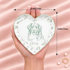 Hand holding a vintage sketch pet portrait heart ring dish, 4.3 inches across