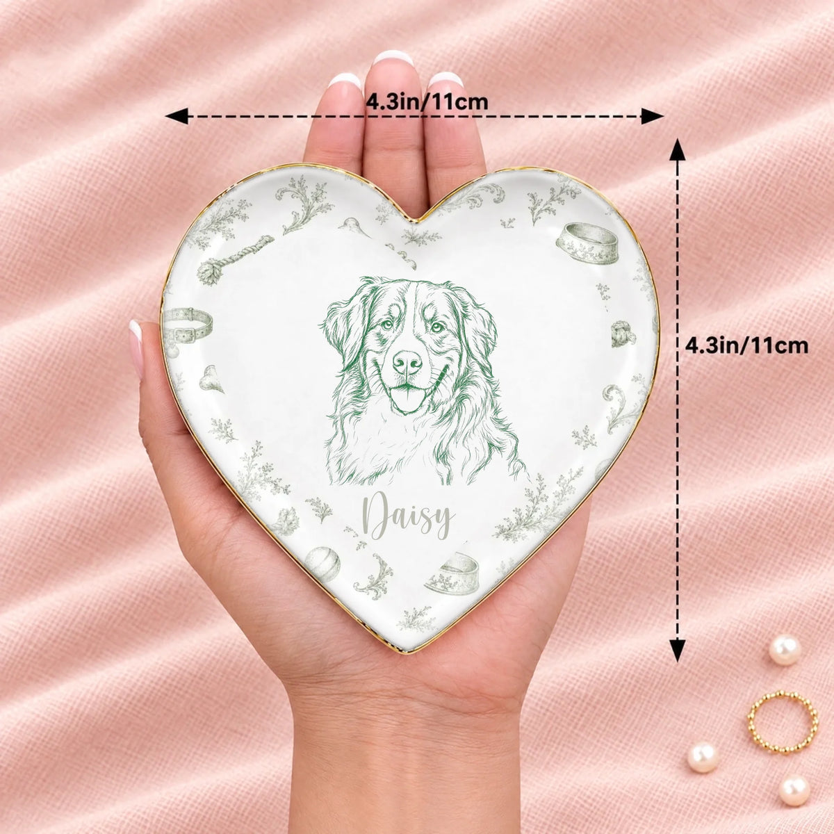 Hand holding a vintage sketch pet portrait heart ring dish, 4.3 inches across