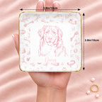 Vintage sketch pet portrait square ring dish resting on an open hand, 3.9 inches across