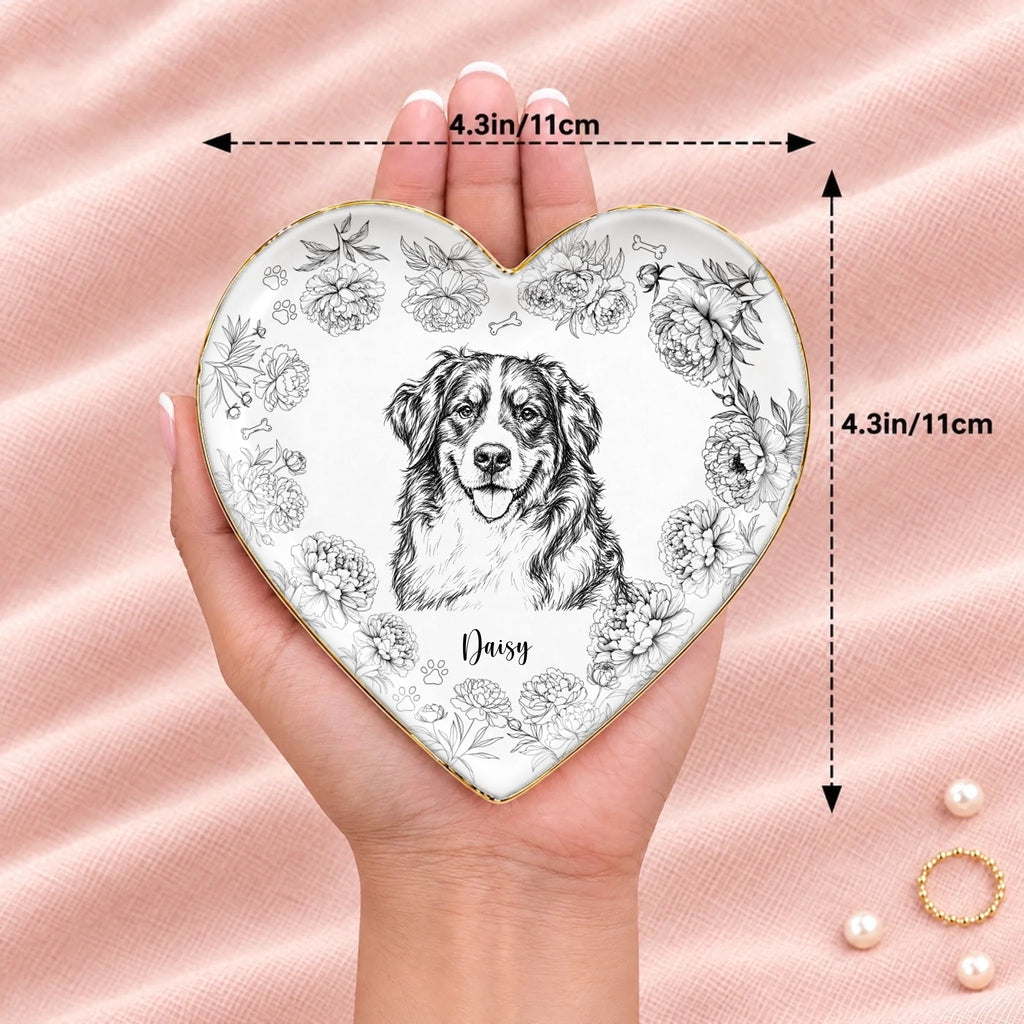 Heart floral pet sketch ring dish resting on an open hand, 4.3 inches across